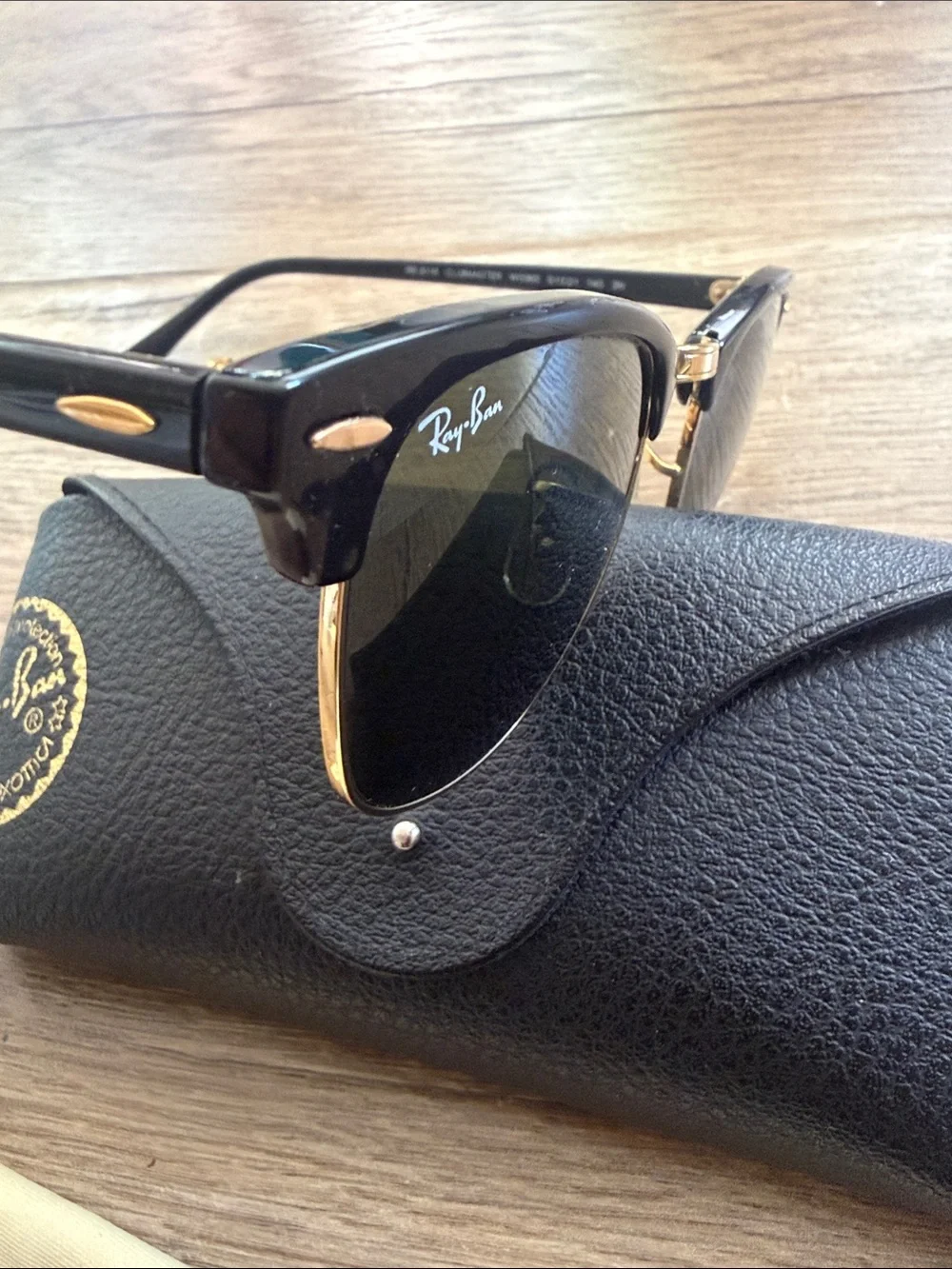 Ray-Ban Black and Gold Clubmaster Sunglasses with Green Lenses